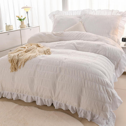 Romantische Rüschen Bettwäsche Set 135x200 Weiß Seersucker