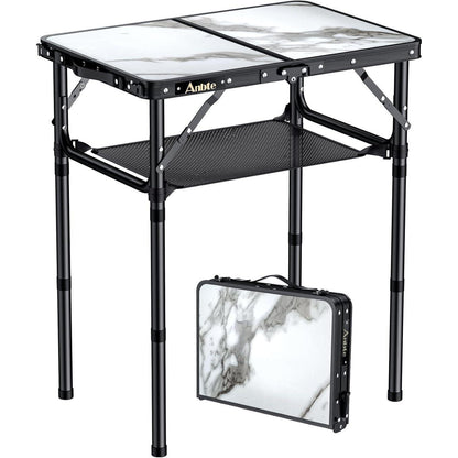 Klapptisch Aluminium 58x40cm, 3 Höhen, Aufbewahrungsnetz, Marmor Weiß