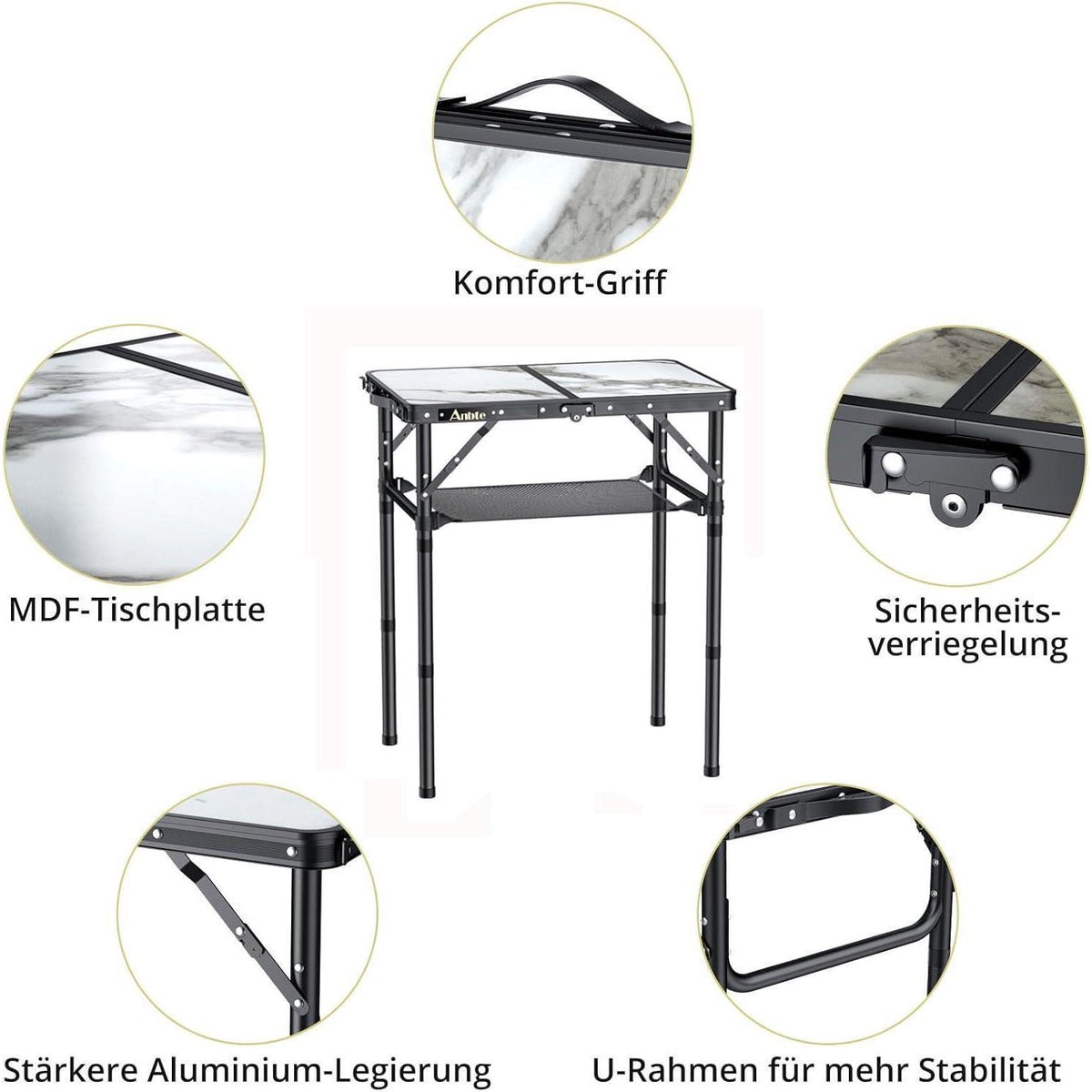 Klapptisch Aluminium 58x40cm, 3 Höhen, Aufbewahrungsnetz, Marmor Weiß
