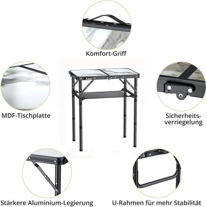 Klapptisch Aluminium 58x40cm, 3 Höhen, Aufbewahrungsnetz, Marmor Weiß