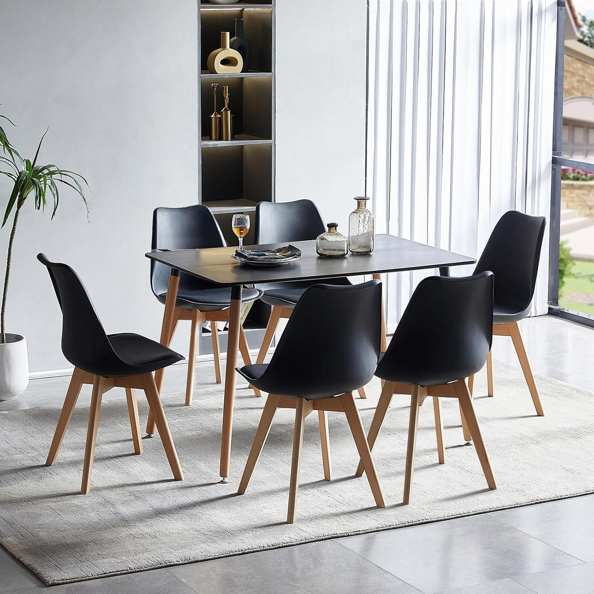 Esszimmergruppe 110cm Esstisch mit 6 Stühlen Weiß/Schwarz