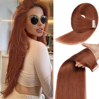 Echthaar Tape Extensions Dunkelrotbraun 55cm
