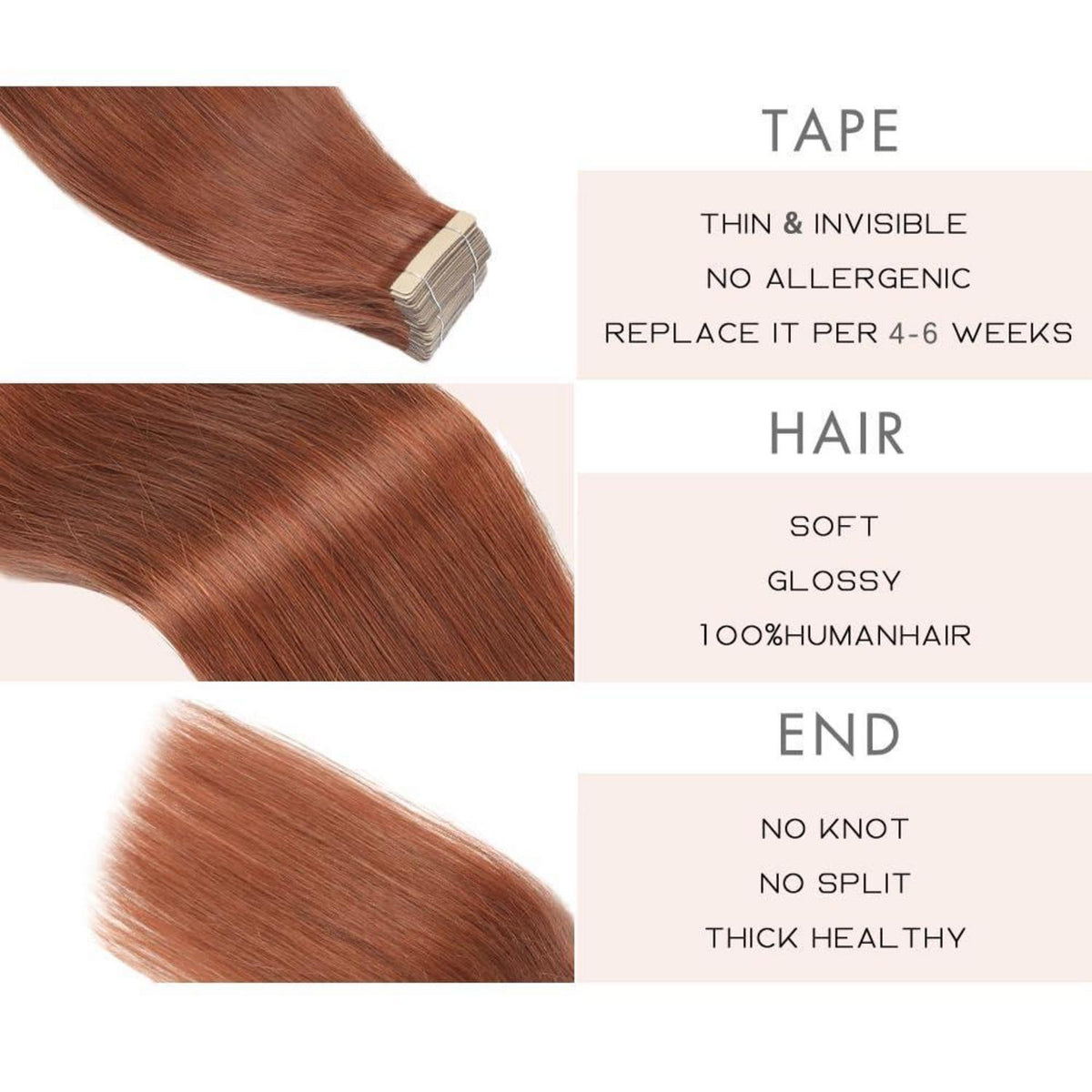 Echthaar Tape Extensions Dunkelrotbraun 55cm