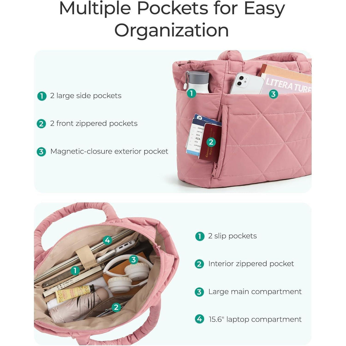 Gesteppte Laptoptasche Damen Shopper Groß Dunkelrosa