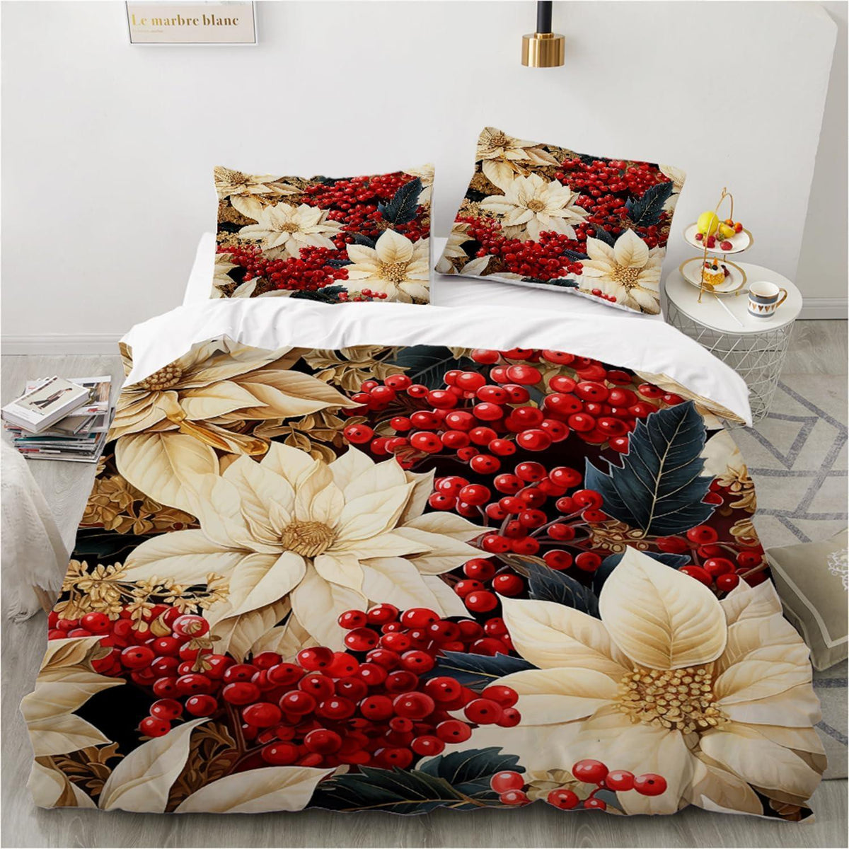 Blumen Bettwäsche Set 135x200 - Weiß Rot Floral Mikrofaser