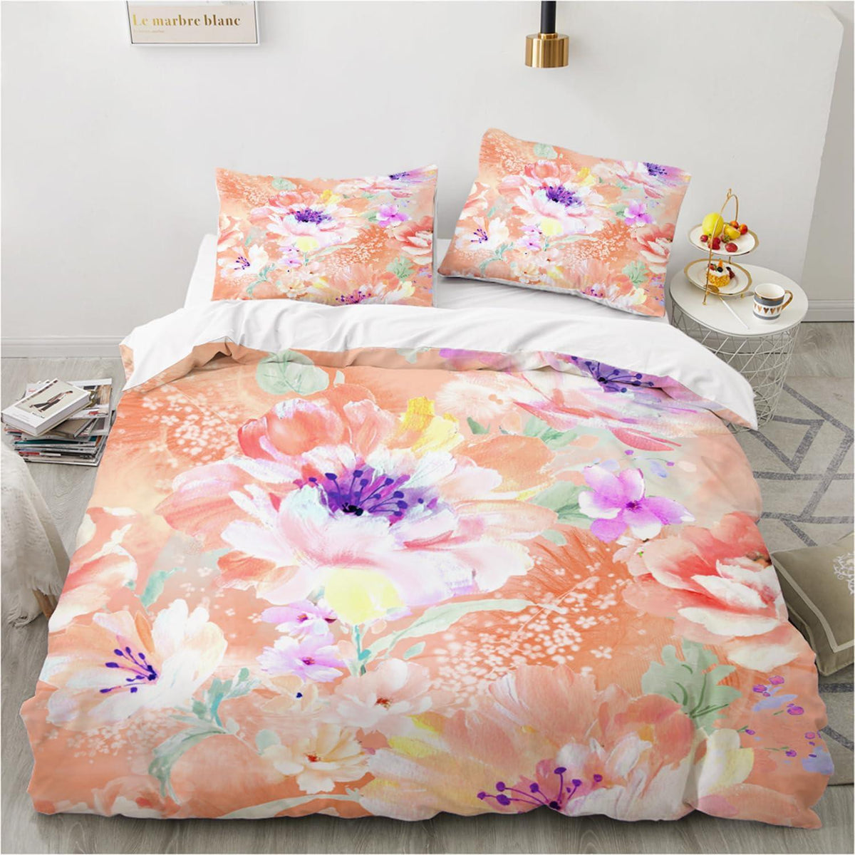 Blumen Bettwäsche Set 135x200 - Bunt Orange Floral Mikrofaser