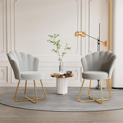2er Set Samt Polstersessel mit Blütenlehne, goldene Metallbeine, Grau