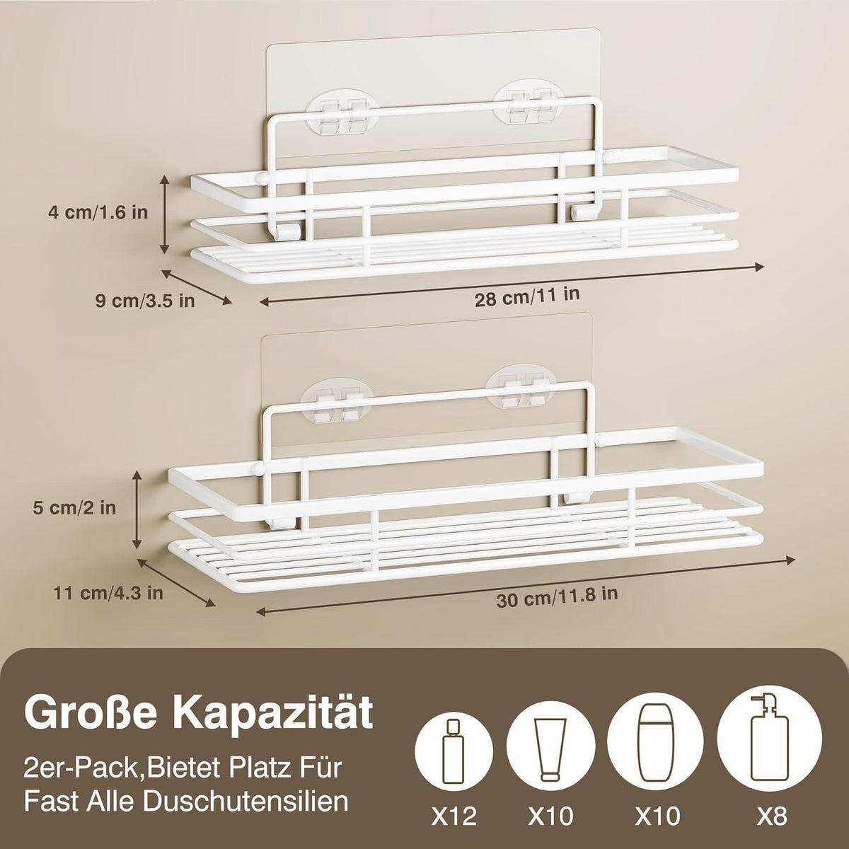 Duschablage ohne Bohren, 2 Stück, Weiß, Badezimmer Organizer