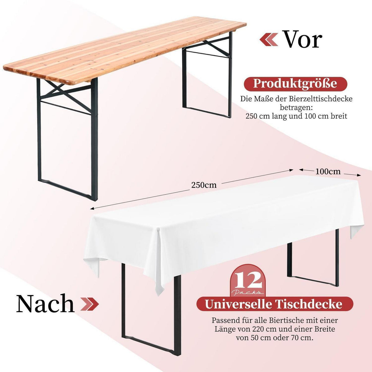 12x Weiße Biertisch Tischdecke 250x100cm – Waschbar & Pflegeleicht