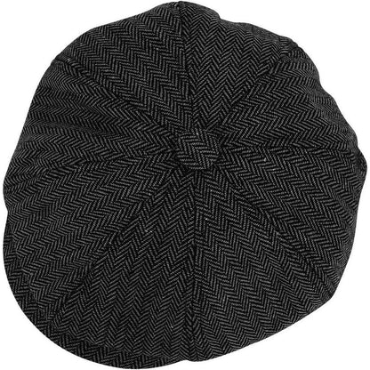 Newsboy Mütze 8-Panel Fischgräten Tweed Retro Gatsby Cap Schwarz