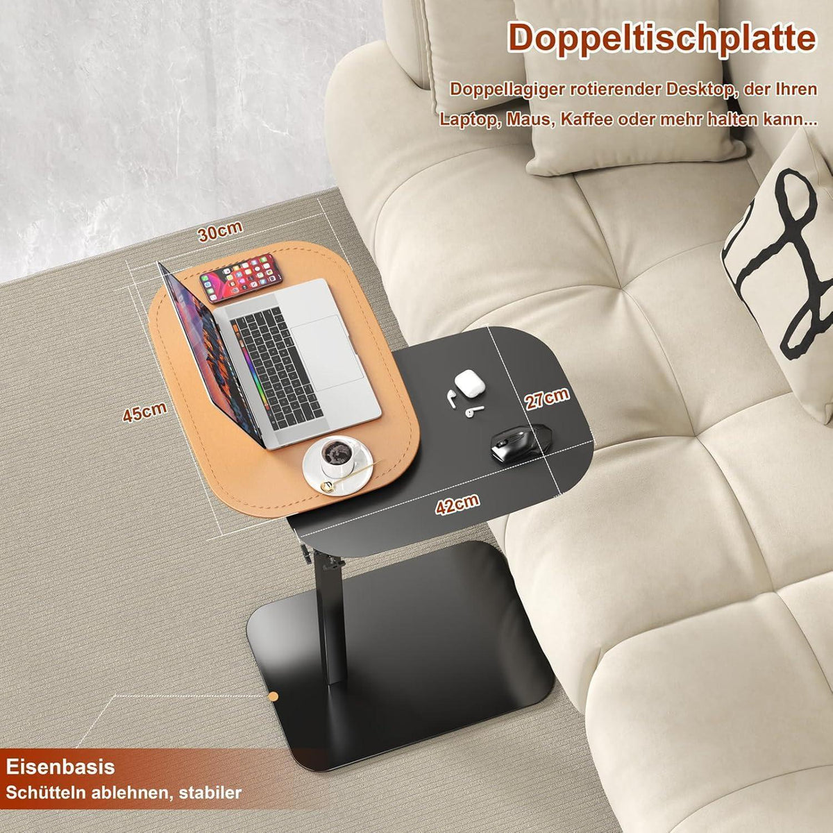 Verstellbarer C-Form Beistelltisch mit 360° Drehung & Dual Desktop