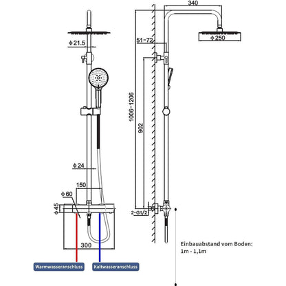 Thermostat Duschsystem Komplettset mit Regendusche & Handbrause