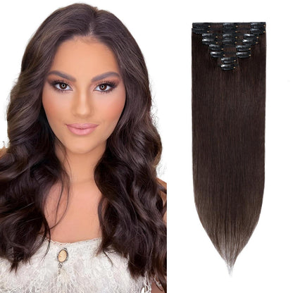 Echthaar Clip ins Haarverlängerung Dunkelbraun 50cm - 8 Stück