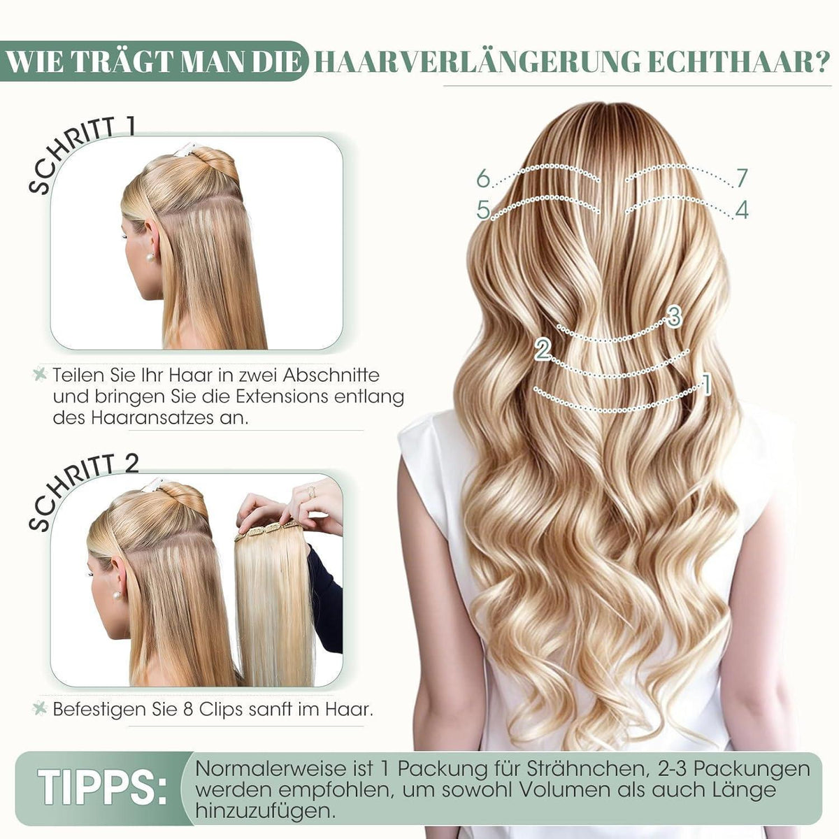 Echthaar Clip ins Haarverlängerung Dunkelbraun 50cm - 8 Stück