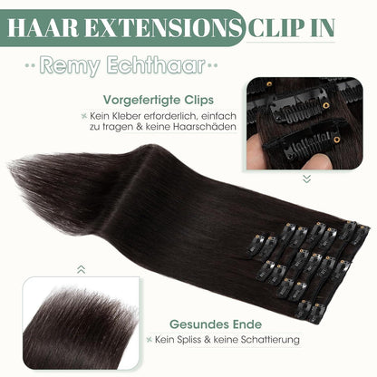 Echthaar Clip ins Extensions Schwarz 45cm - 8 Stück