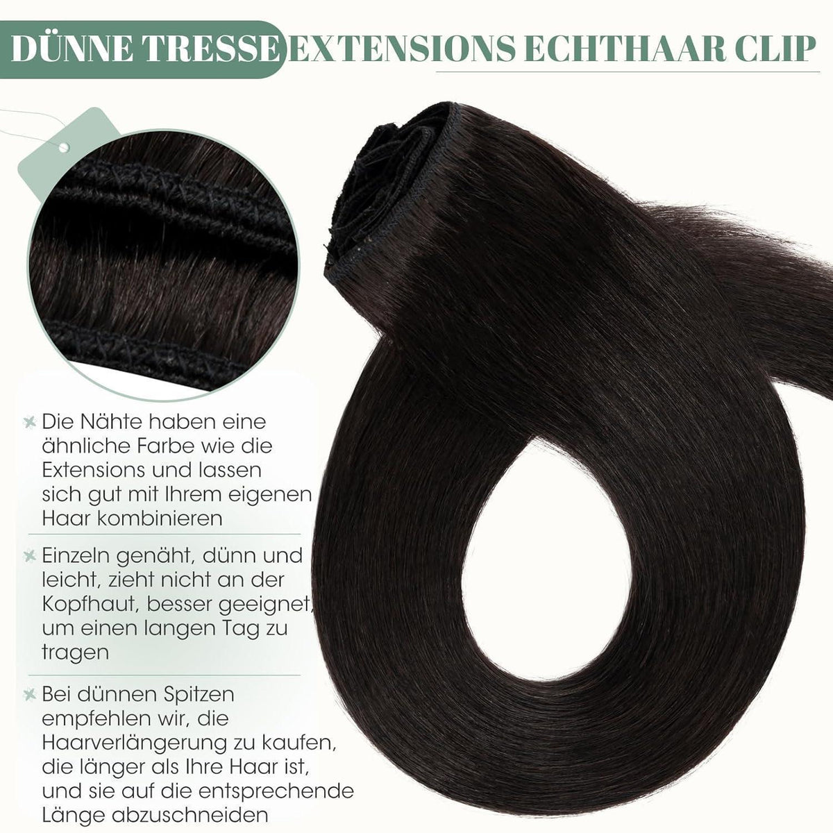 Echthaar Clip ins Haarverlängerung Schwarz 50cm - 8 Stück