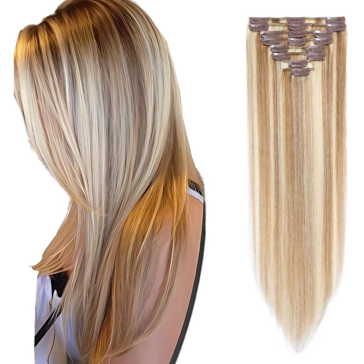 Echthaar Clip ins 55cm #12/613 Blond Strähnchen