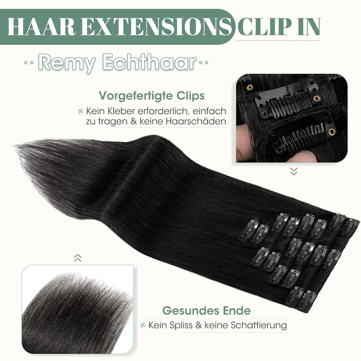 Echthaar Clip ins Haarverlängerung #1 Lackschwarz 50cm - 8 Stück