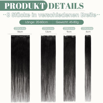 Echthaar Clip ins Haarverlängerung #1 Lackschwarz 50cm - 8 Stück