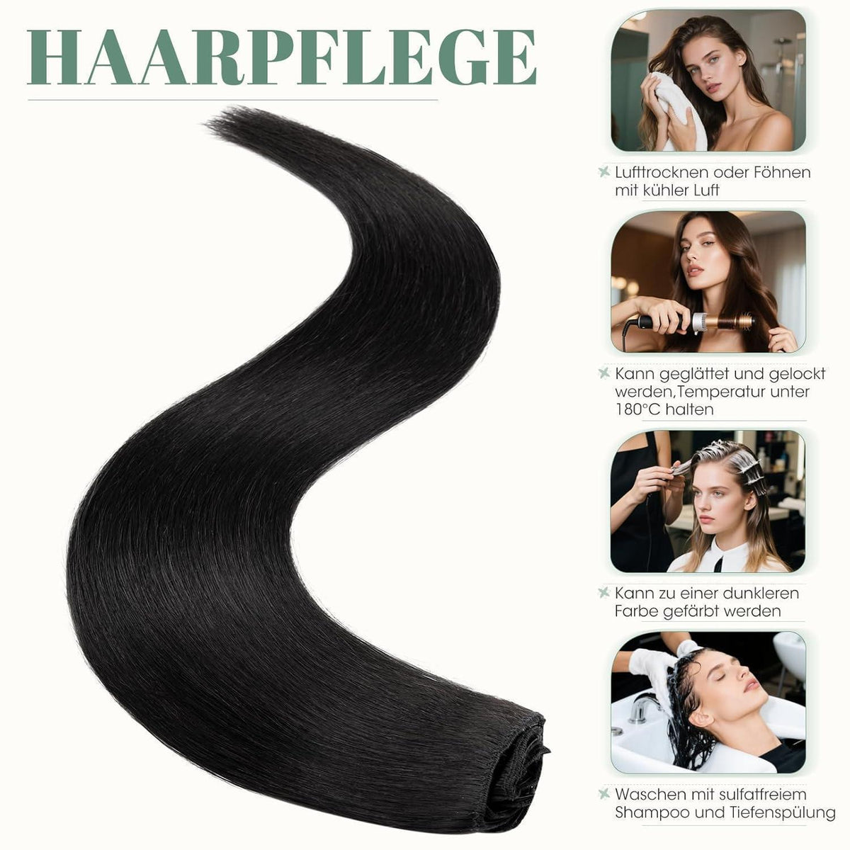 Echthaar Clip ins Haarverlängerung #1 Lackschwarz 50cm - 8 Stück