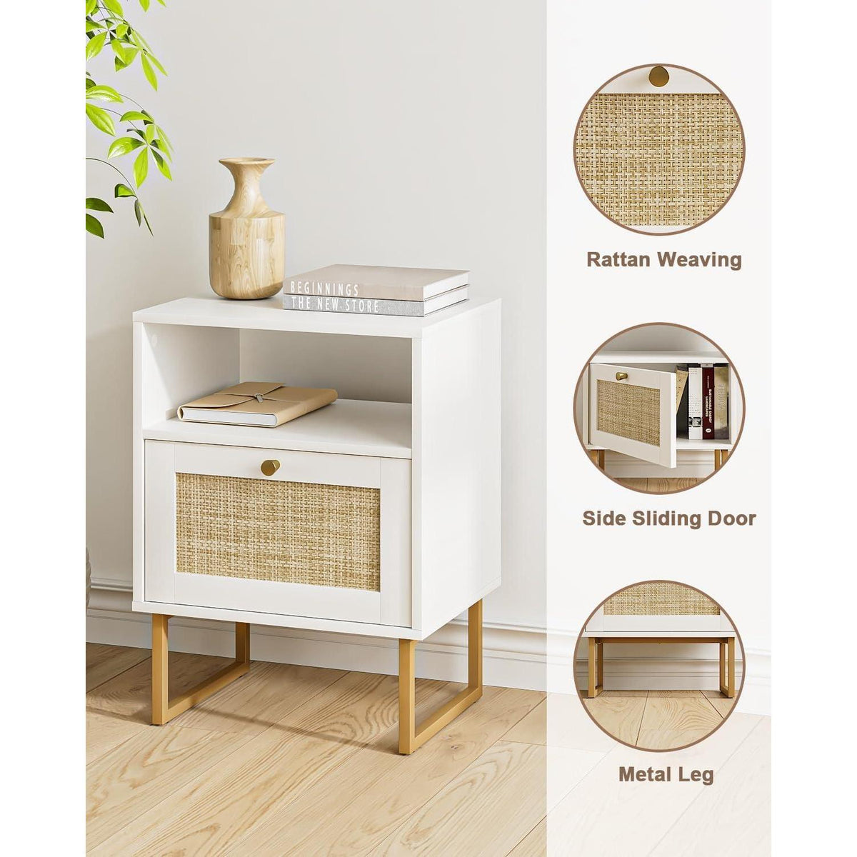Boho Rattan Nachttisch, Weiß & Natur, Beistelltisch mit Schublade