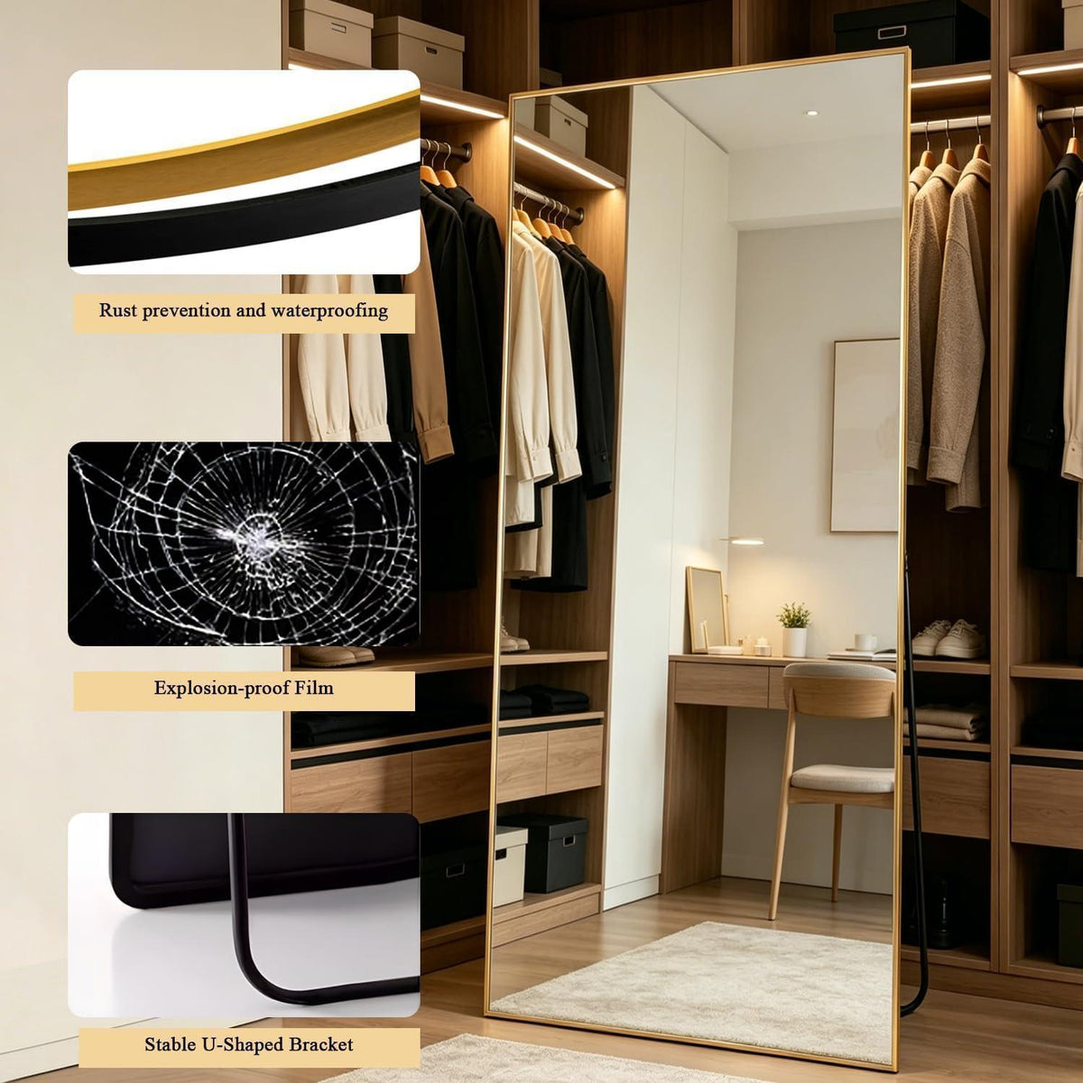 Ganzkörperspiegel 180x80cm mit Ständer – Großer Standspiegel Gold