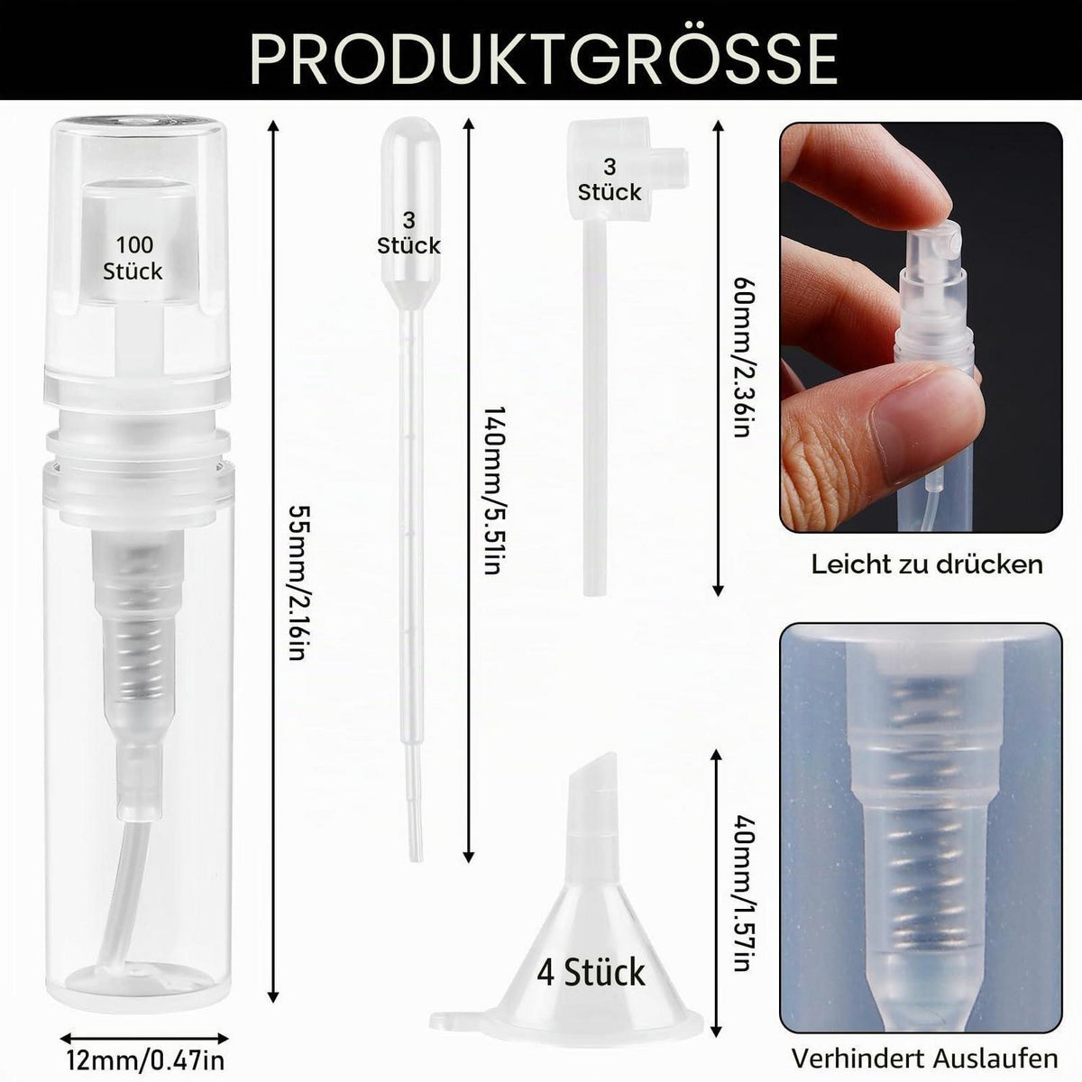 100x 2ml Mini Sprühflaschen leer, nachfüllbar, für Parfüm & Proben