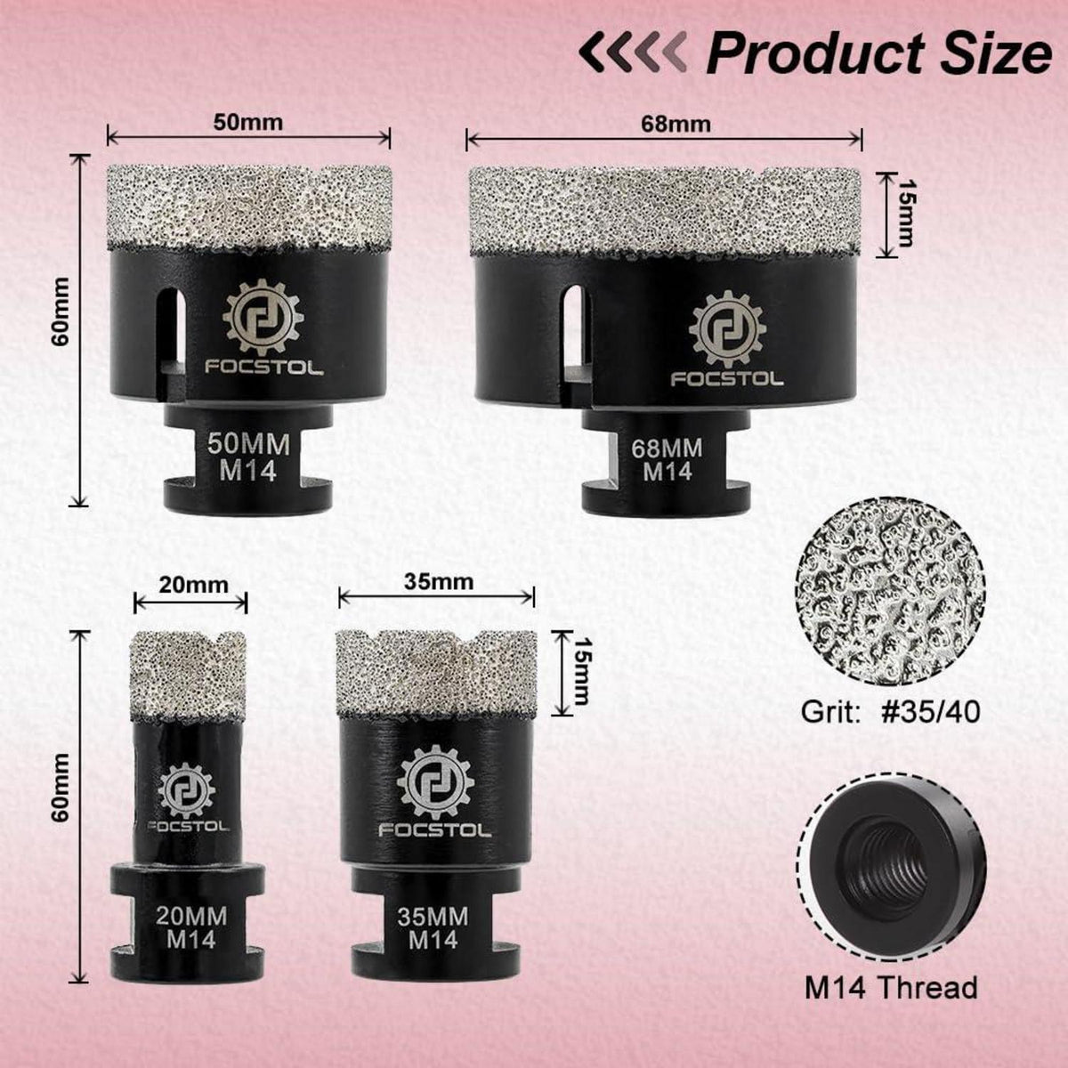 Diamant Fliesenbohrer Set 4tlg. 20-68mm M14 Vakuumgelötet