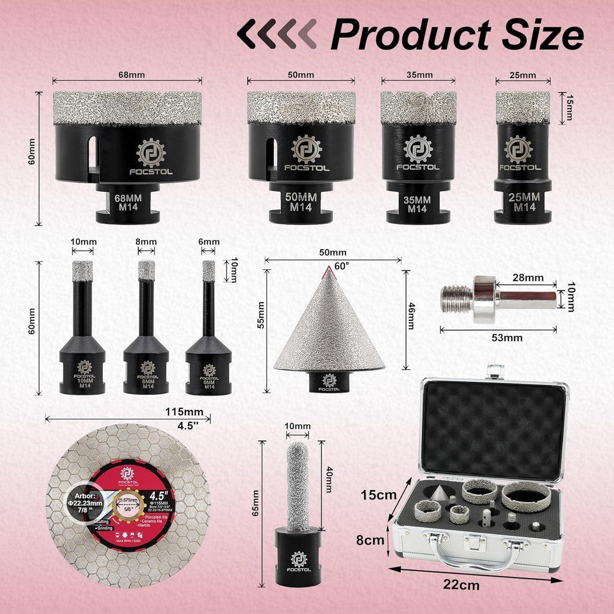 Fliesenbohrer Set 11tlg. Diamant für Porzellan, Keramik, Marmor