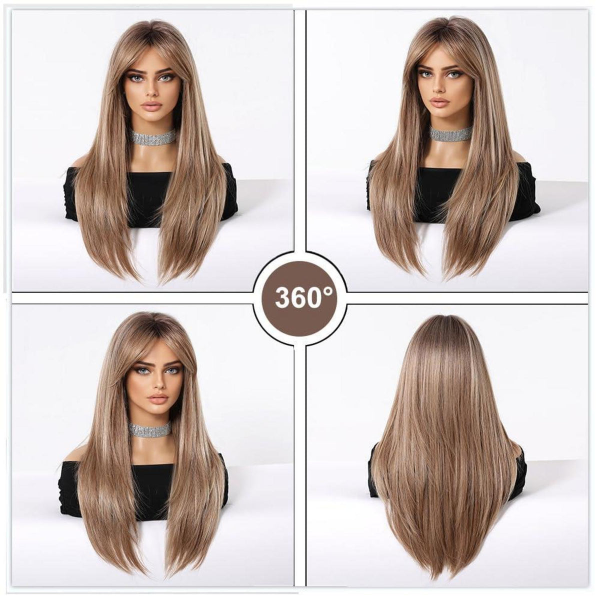 Lange Gerade Aschblond Perücke Synthetisch Hitzebeständig Ombre