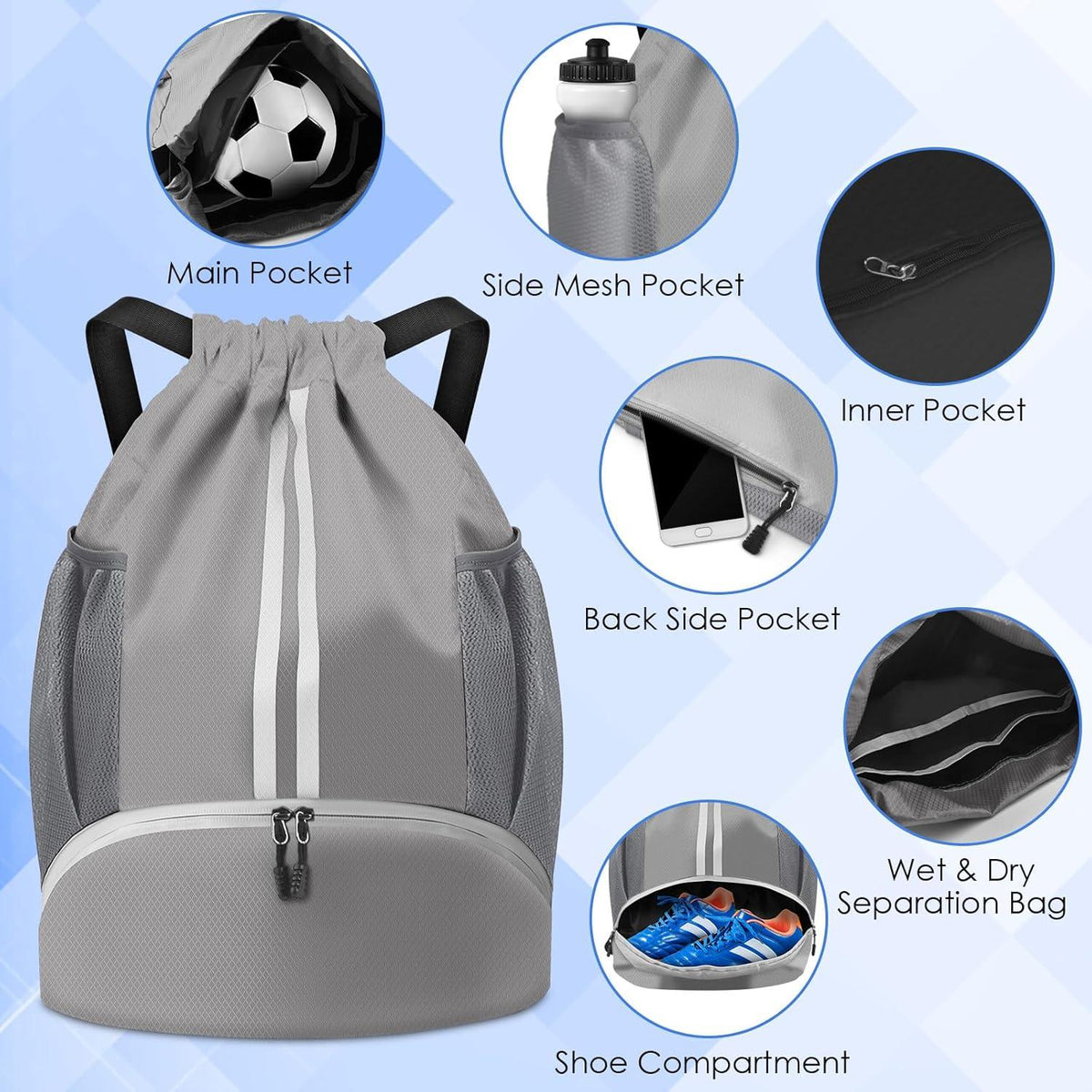 BROTOU Turnbeutel Fußballtasche Rucksack wasserfest verstellbar Gym Outdoor