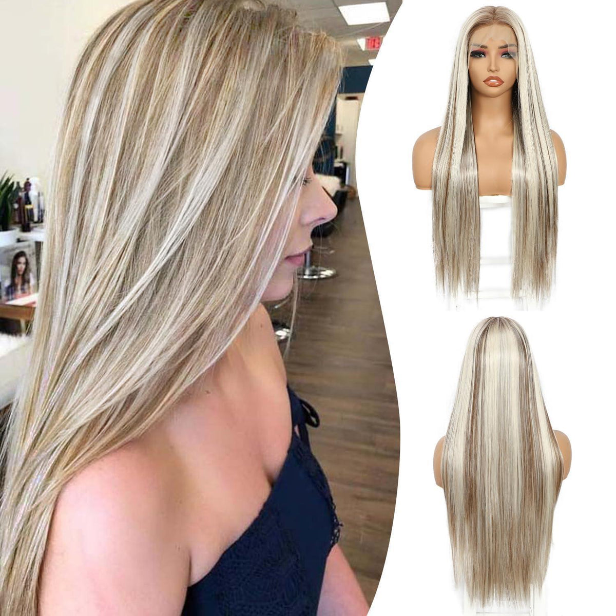 Blond Lange Gerade Perücke 13x6 Lace Front Synthetik 26 Zoll