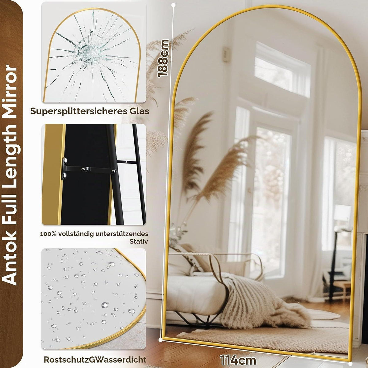 Gewölbter Standspiegel 188x114cm – Vollständig, Modern & Sicher