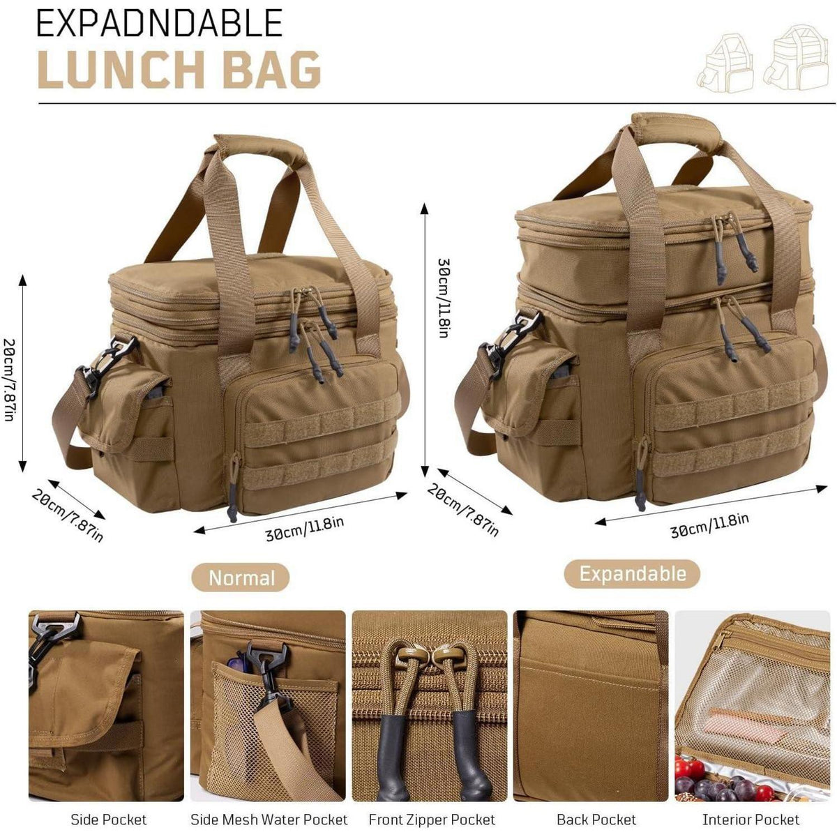 Erweiterbare Lunch-Tasche Coyote Braun – 18-26L, Auslaufsicher & Isoliert