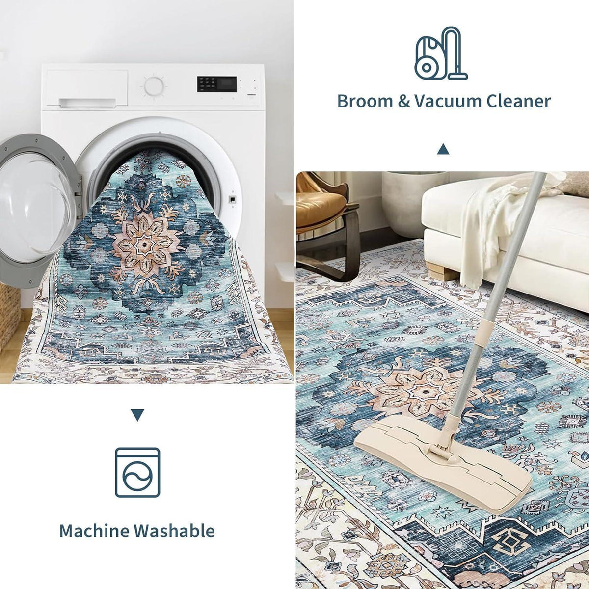 Boho Teppich 160x230cm Türkis Rutschfest Waschbar Kurzflor