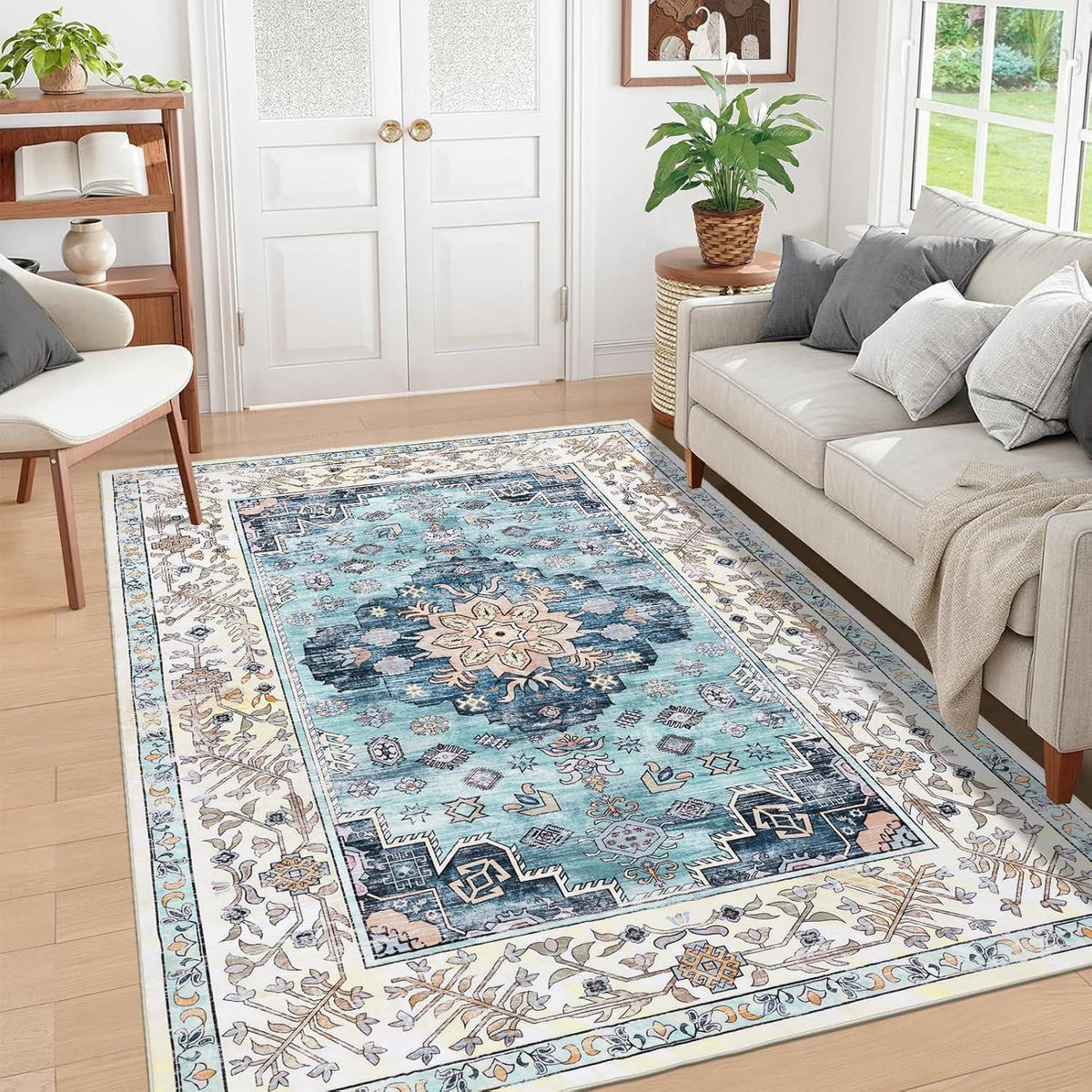 Boho Teppich 160x230cm Türkis Rutschfest Waschbar Kurzflor