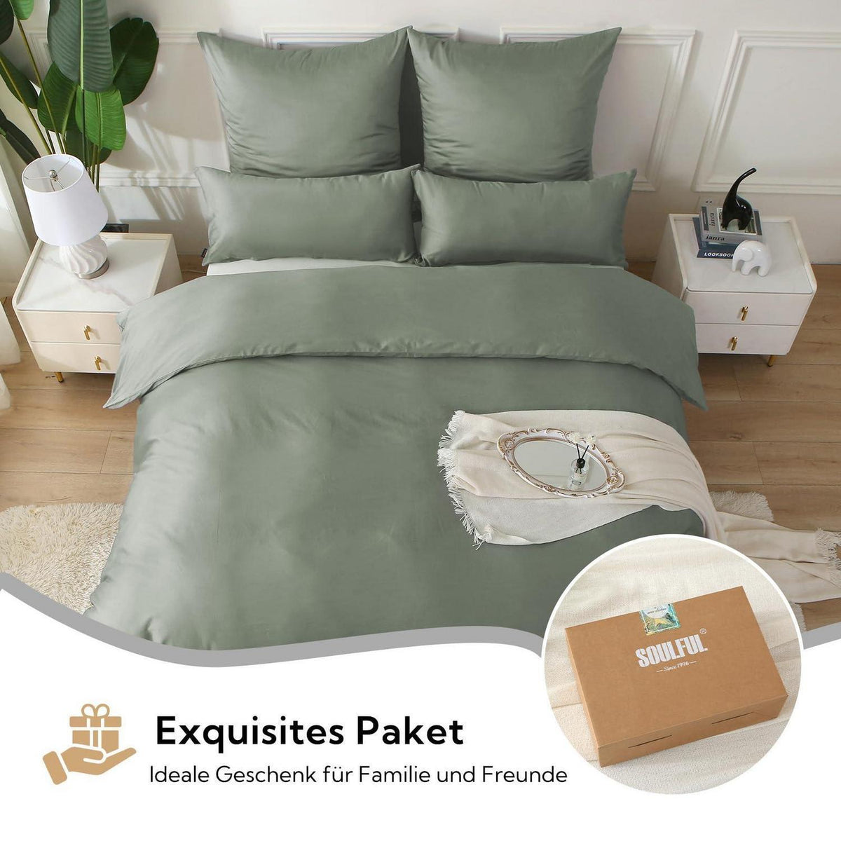 Satin Bettwäsche Set 135x200 GrauSage, 4-teilig, Baumwolle
