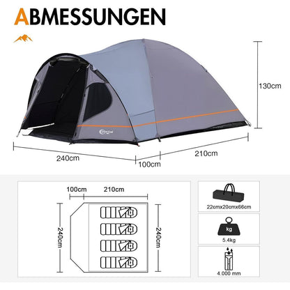 Kuppelzelt 3-4 Personen Blackout 4000mm wasserdicht mit Vorzelt Grau