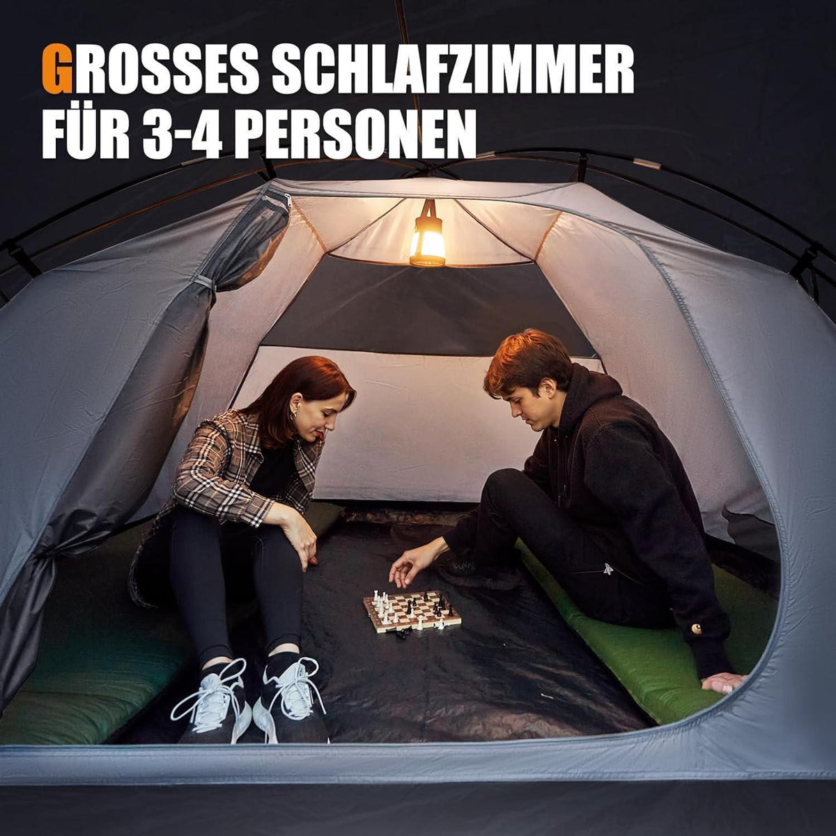 Kuppelzelt 3-4 Personen Blackout 4000mm wasserdicht mit Vorzelt Grau