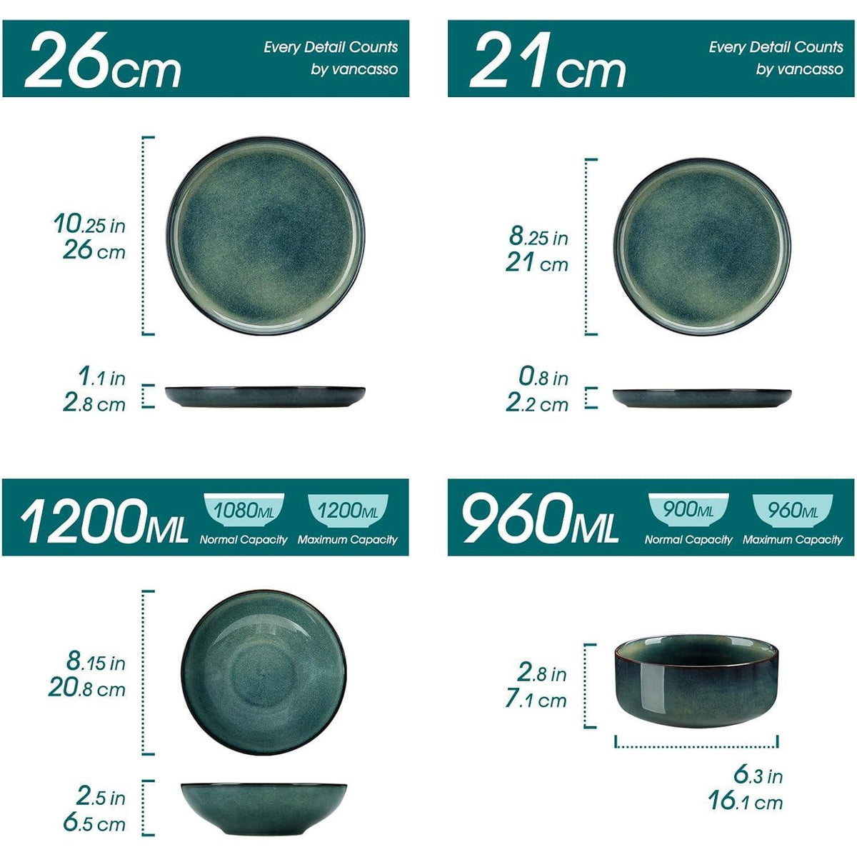 Tafelservice 6 Personen modern, Grün, 24-teilig Steingut