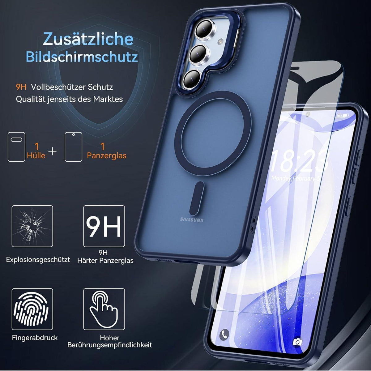 Samsung S24 FE Hülle mit MagSafe Ring Ständer & Displayschutzfolie (Blau)
