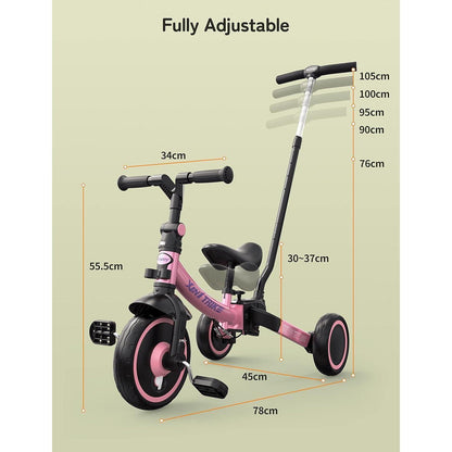 5-in-1 Kleinkind-Dreirad mit Schiebestange, faltbar, Rosa