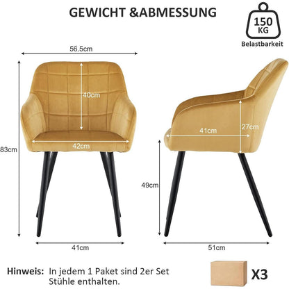 Samt Esszimmerstühle 6er Set – Tulpengold, Bequem & Robust