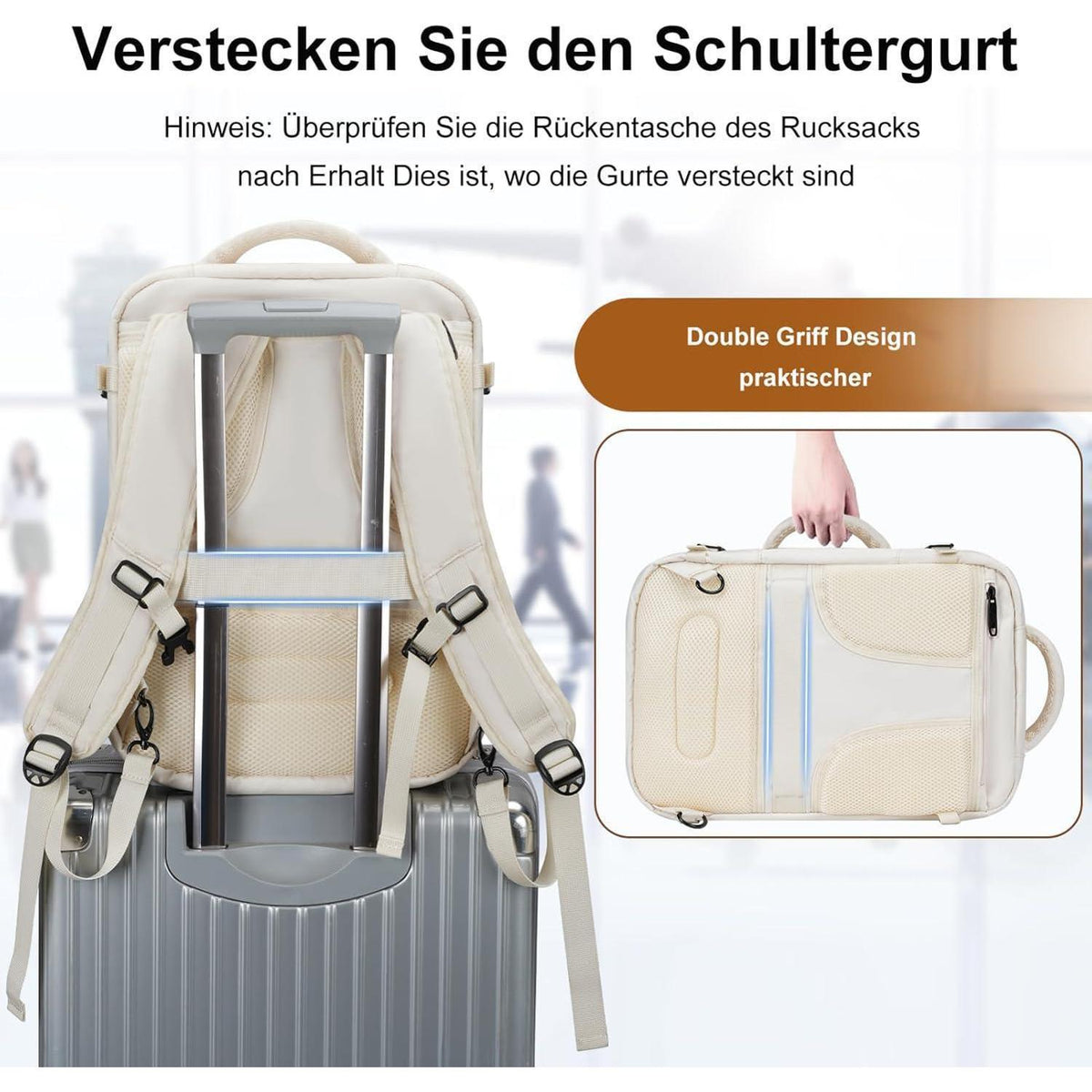 Handgepäck Rucksack Damen erweiterbar, wasserabweisend, beige