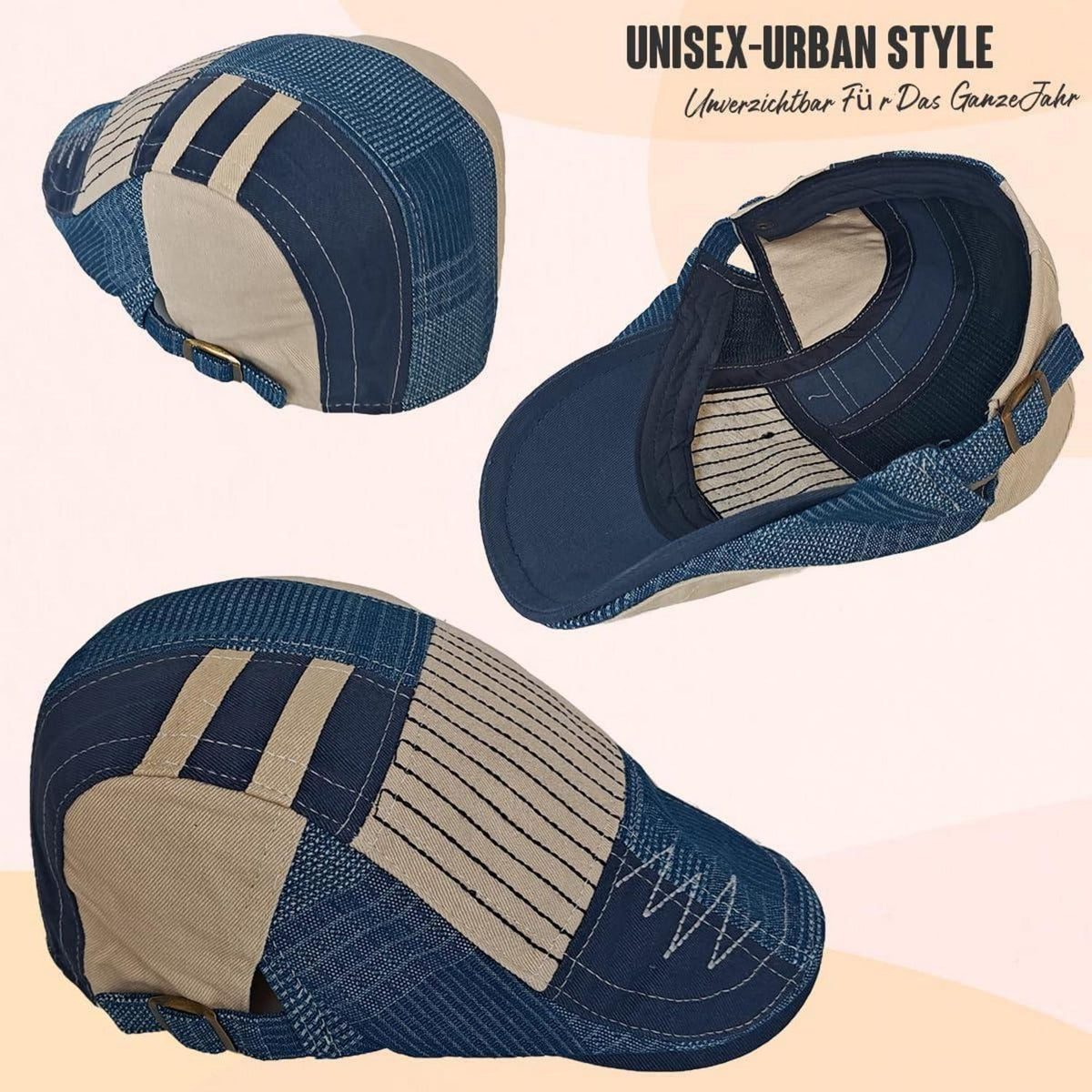 Patchwork Schiebermütze Herren | Vintage Newsboy Cap Grau M-L