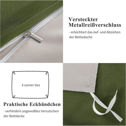 Bettwäsche-Set 135x200 4tlg. Olivgrün/Beige Wendebettwäsche Mikrofaser