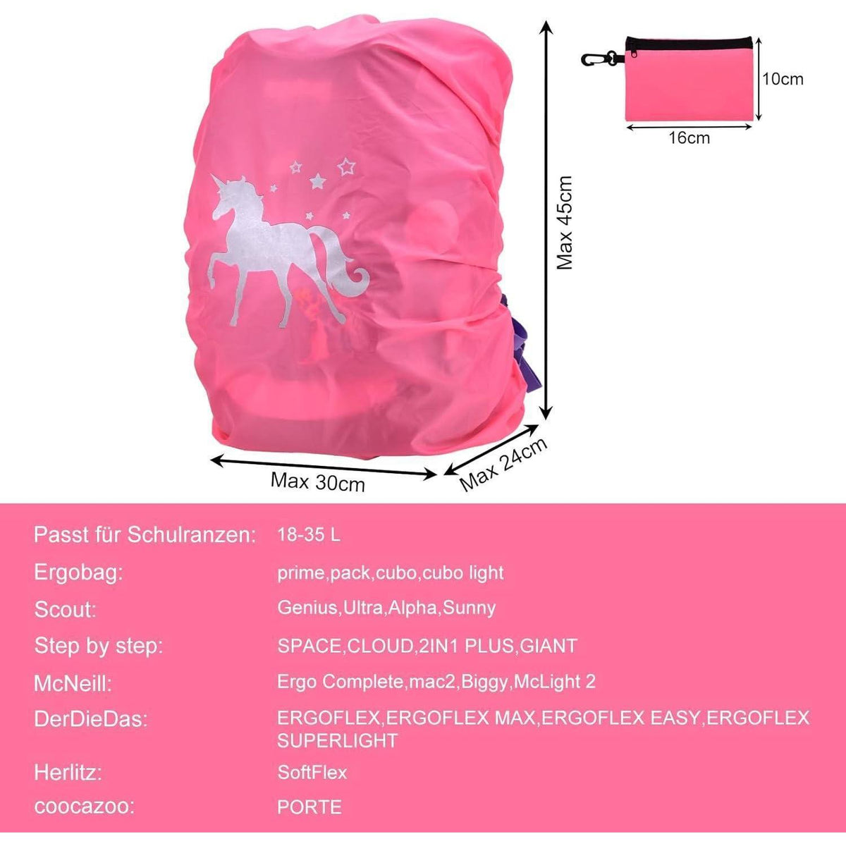 Kinder Regenhülle für Schulranzen, wasserdicht, reflektierend, Rosa