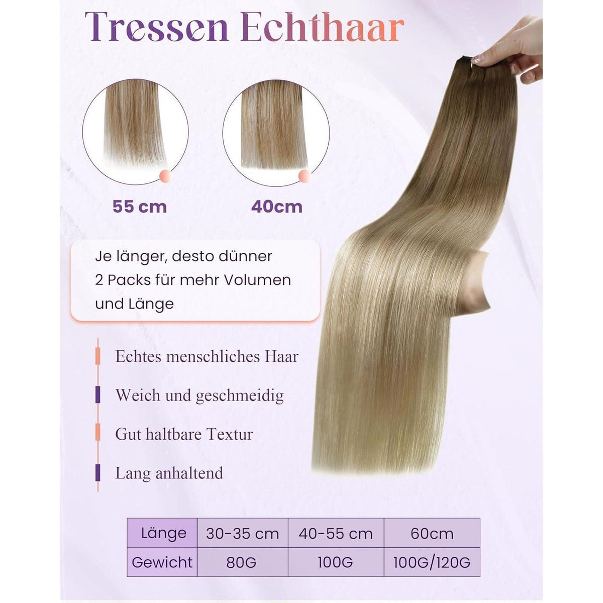 Echthaar Tressen Ombre Blond - Sew-in Weft 60cm