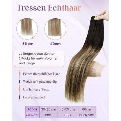 Echthaar Tressen Blayage Schwarz Ombre 60cm - 100g