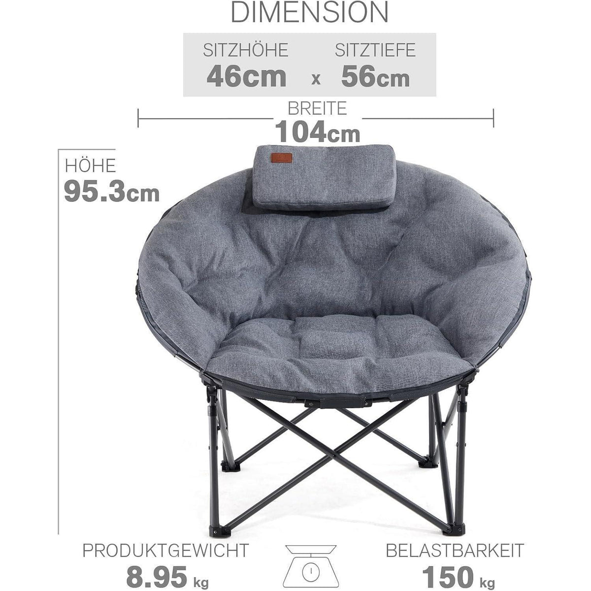 XXL Moonchair Campingstuhl faltbar, 150kg belastbar, dick gepolstert, grau